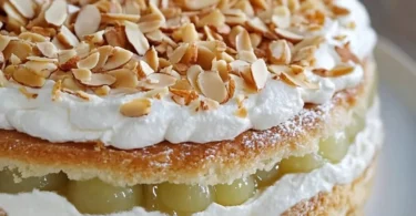 Stachelbeer-Baiser-Torte mit frischen Stachelbeeren und Baiserschicht.