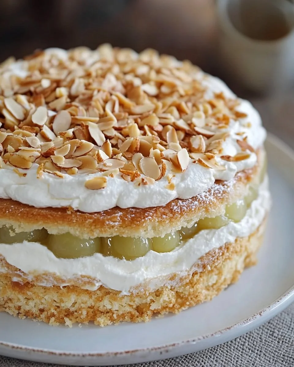 Stachelbeer-Baiser-Torte mit frischen Stachelbeeren und Baiserschicht.