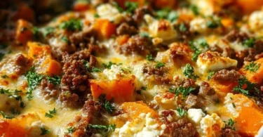 Süßkartoffelauflauf mit Hackfleisch und Feta, serviert in einer Auflaufform.
