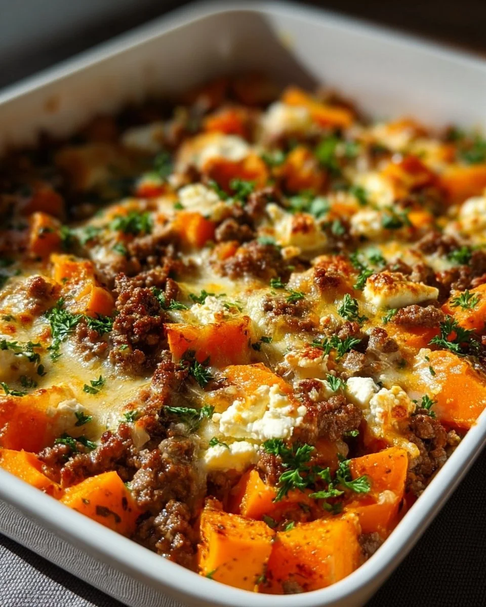 Süßkartoffelauflauf mit Hackfleisch und Feta, serviert in einer Auflaufform.