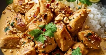 Thailändisches Erdnuss-Hühnchen mit einer aromatischen Erdnusssoße serviert.