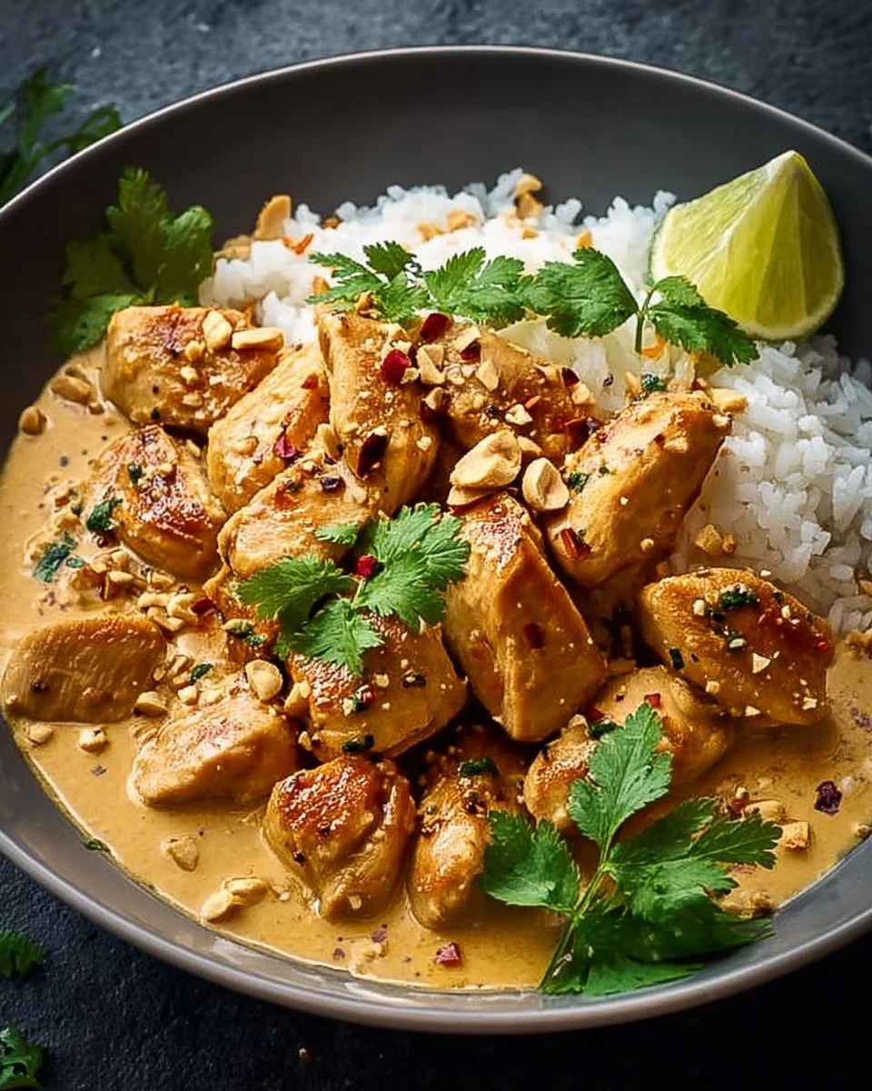 Thailändisches Erdnuss-Hühnchen mit einer aromatischen Erdnusssoße serviert.
