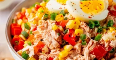 Thunfisch-Salat mit Eiern, Mais und Paprika in einer Schüssel angerichtet