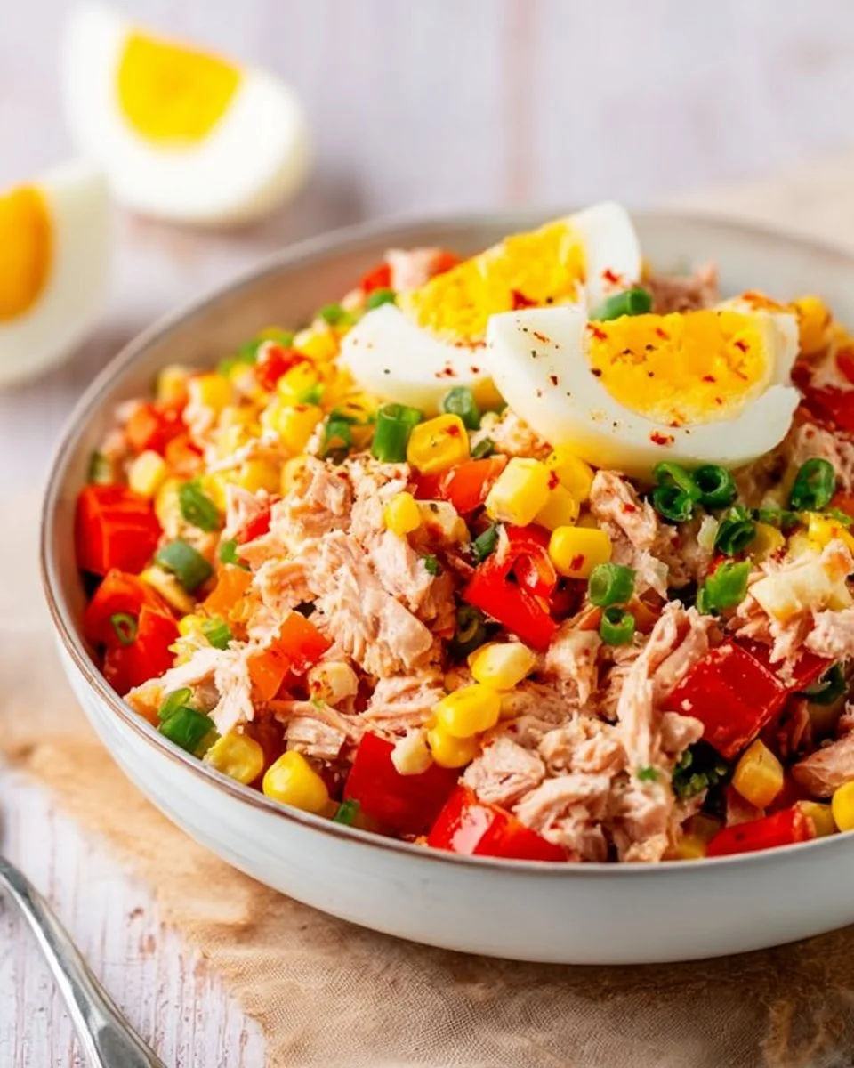 Thunfisch-Salat mit Eiern, Mais und Paprika in einer Schüssel angerichtet