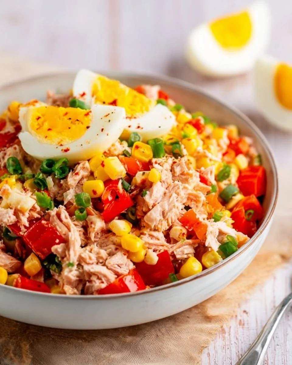 Thunfisch-Salat mit Eiern, Mais und Paprika