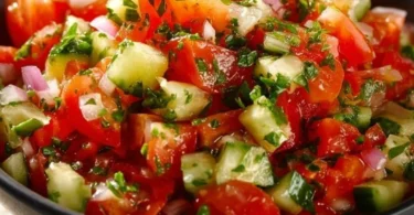 Frischer Tomaten Gurken Salat auf einem weißen Teller mit Kräutern garniert