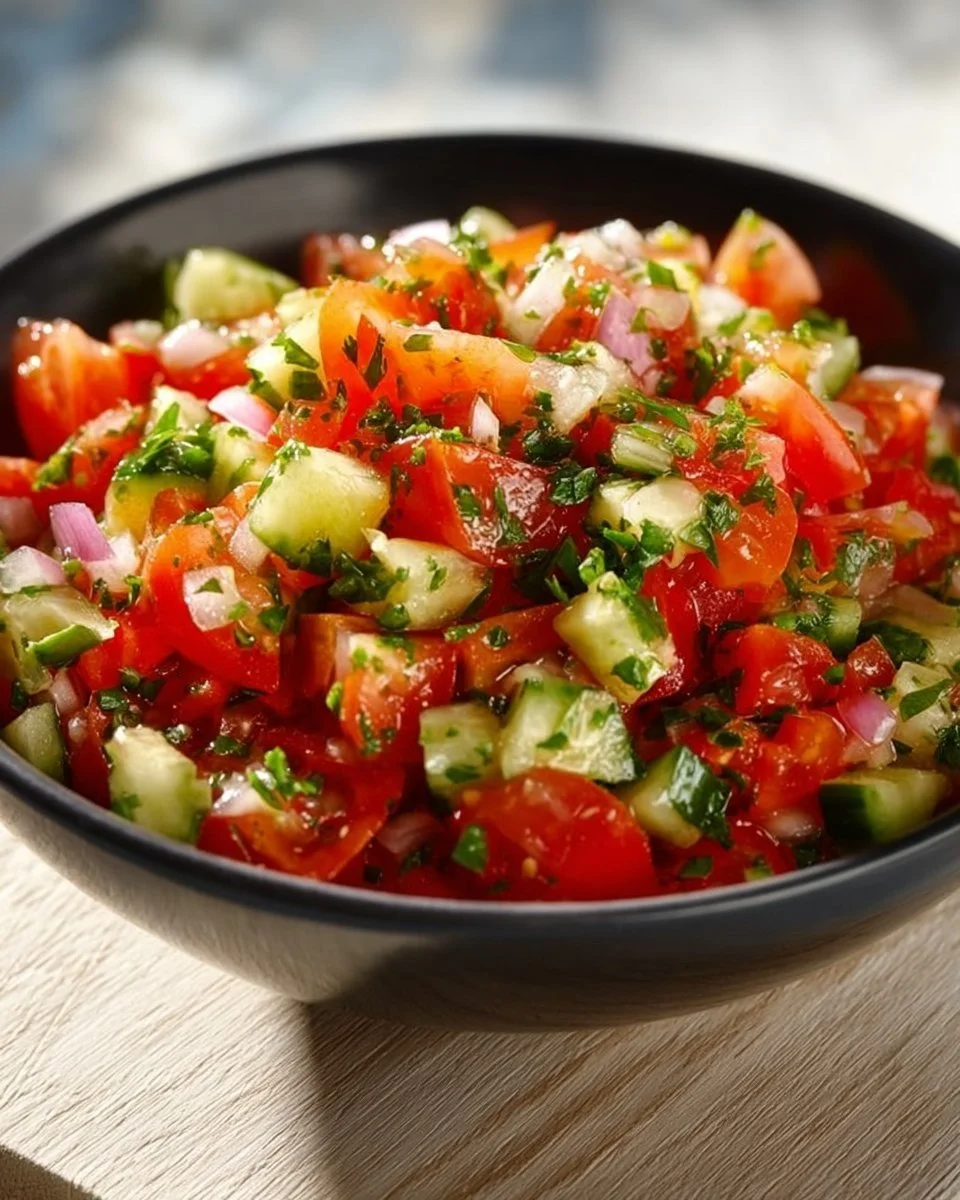 Frischer Tomaten Gurken Salat auf einem weißen Teller mit Kräutern garniert