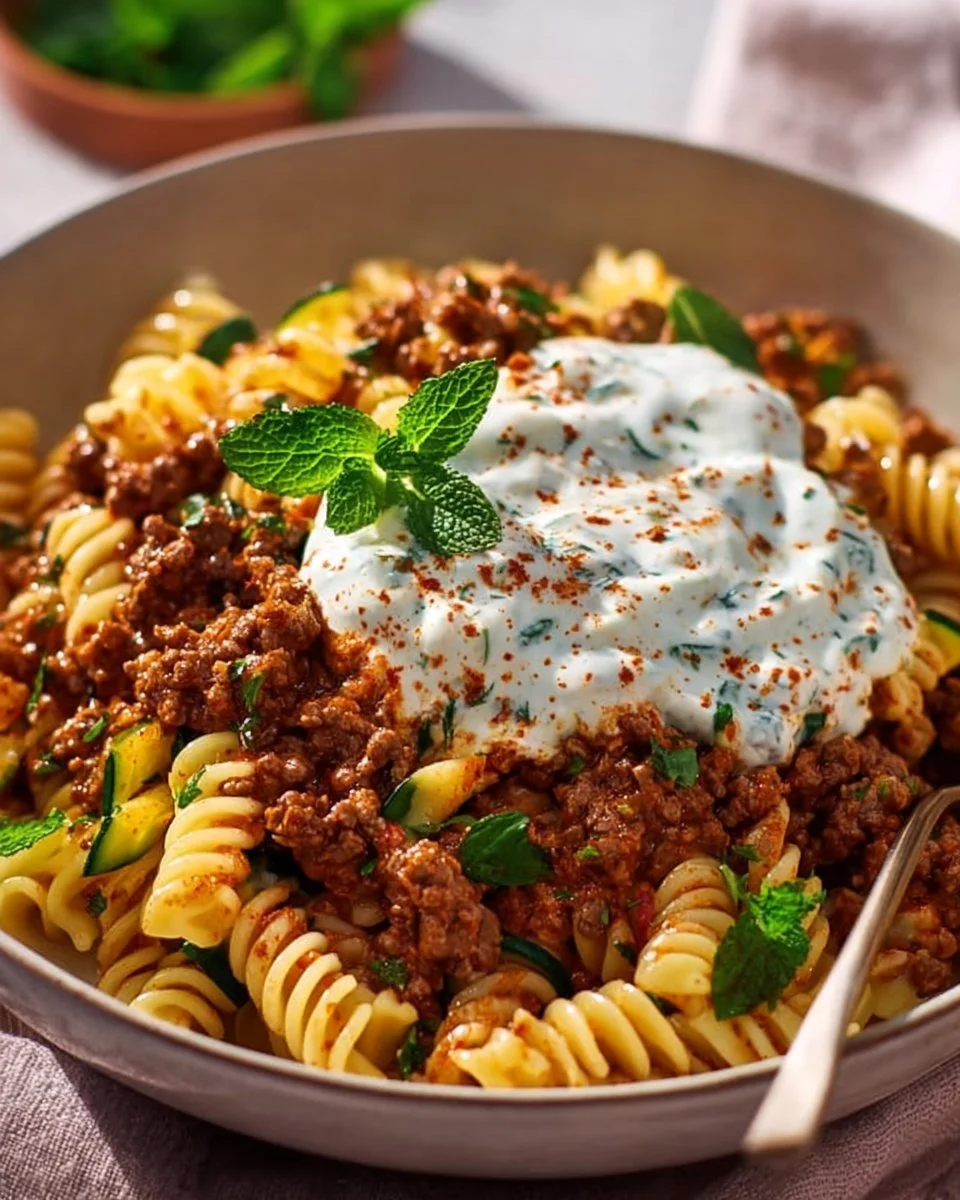 Türkische Pasta mit Hackfleisch und Joghurt-Sauce auf einem Teller serviert