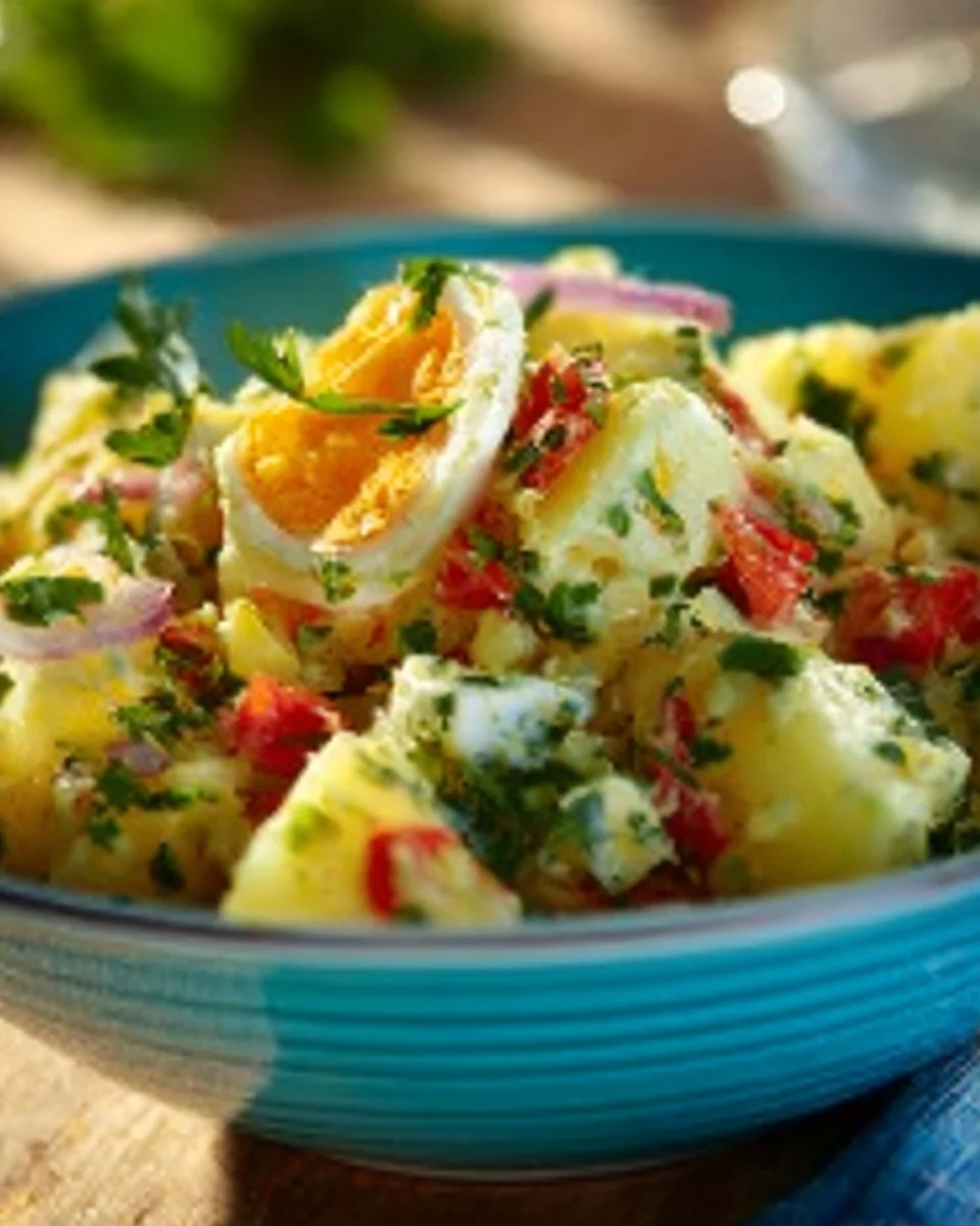 Türkischer Kartoffelsalat mit frischen Zutaten und Gewürzen