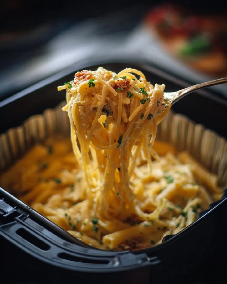 Überbackene Feta-Pasta aus dem Ofen mit frischem Gemüse und Gewürzen.