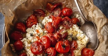 Überbackener Feta im Airfryer mit Tomaten und Zwiebeln auf einem Teller serviert.
