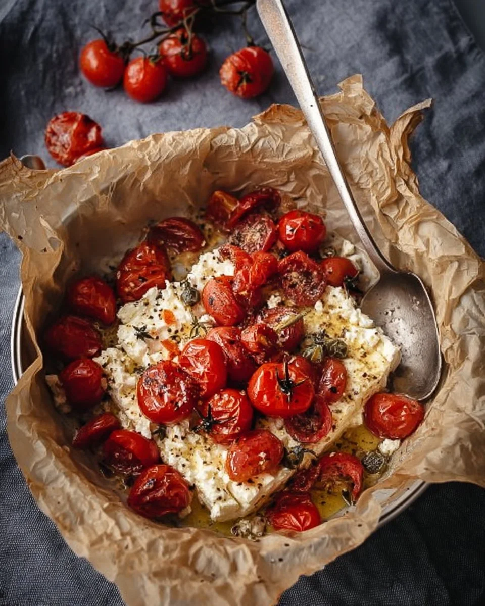 Überbackener Feta im Airfryer mit Tomaten und Zwiebeln auf einem Teller serviert.
