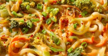 Udon Nudeln mit Erdnusssauce und Gemüse auf einem Teller