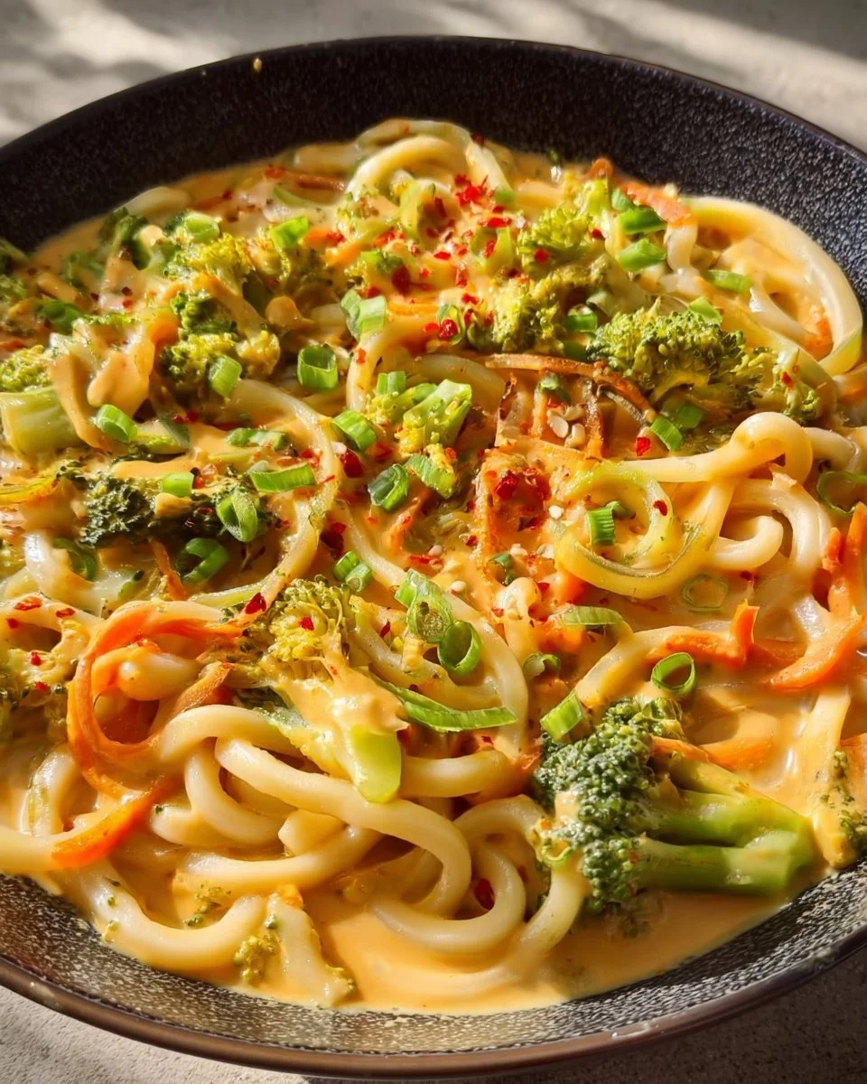 Udon Nudeln mit Erdnusssauce und Gemüse auf einem Teller