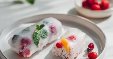Vegane süße Sommerrollen gefüllt mit Kokosreis und Früchten