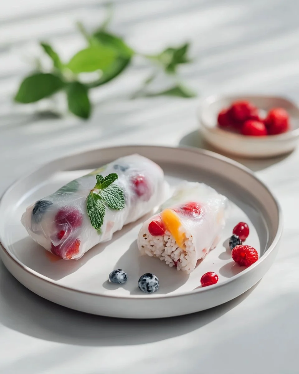 Vegane süße Sommerrollen gefüllt mit Kokosreis und Früchten