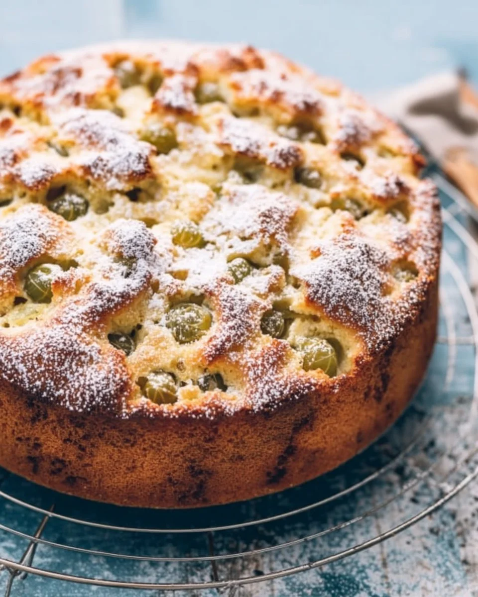 Versunkener Stachelbeerkuchen mit frischen Stachelbeeren