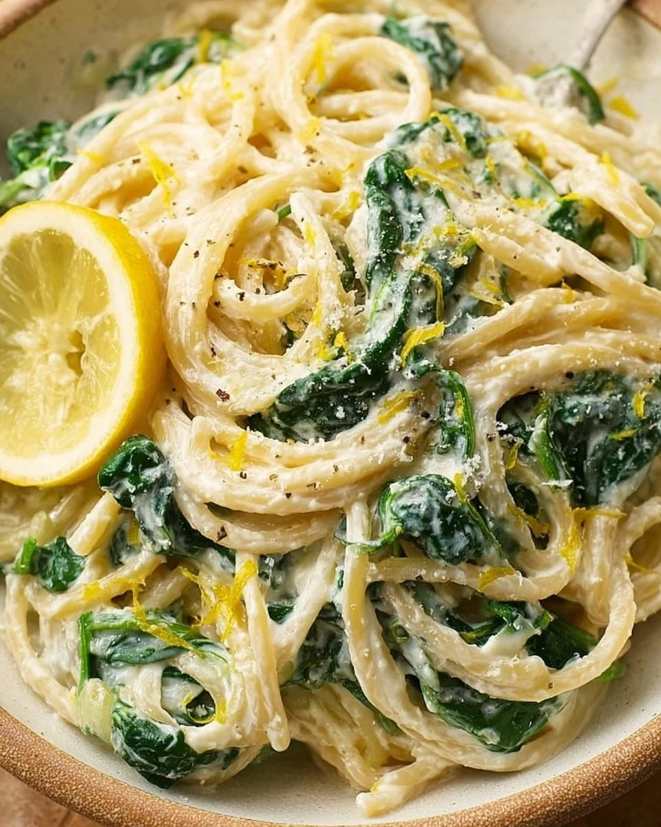 Zitronen-Ricotta-Pasta mit frischem Spinat und leichter Sauce