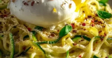 Zitronen-Zucchini-Pasta mit cremiger Burrata auf einem Teller angerichtet.