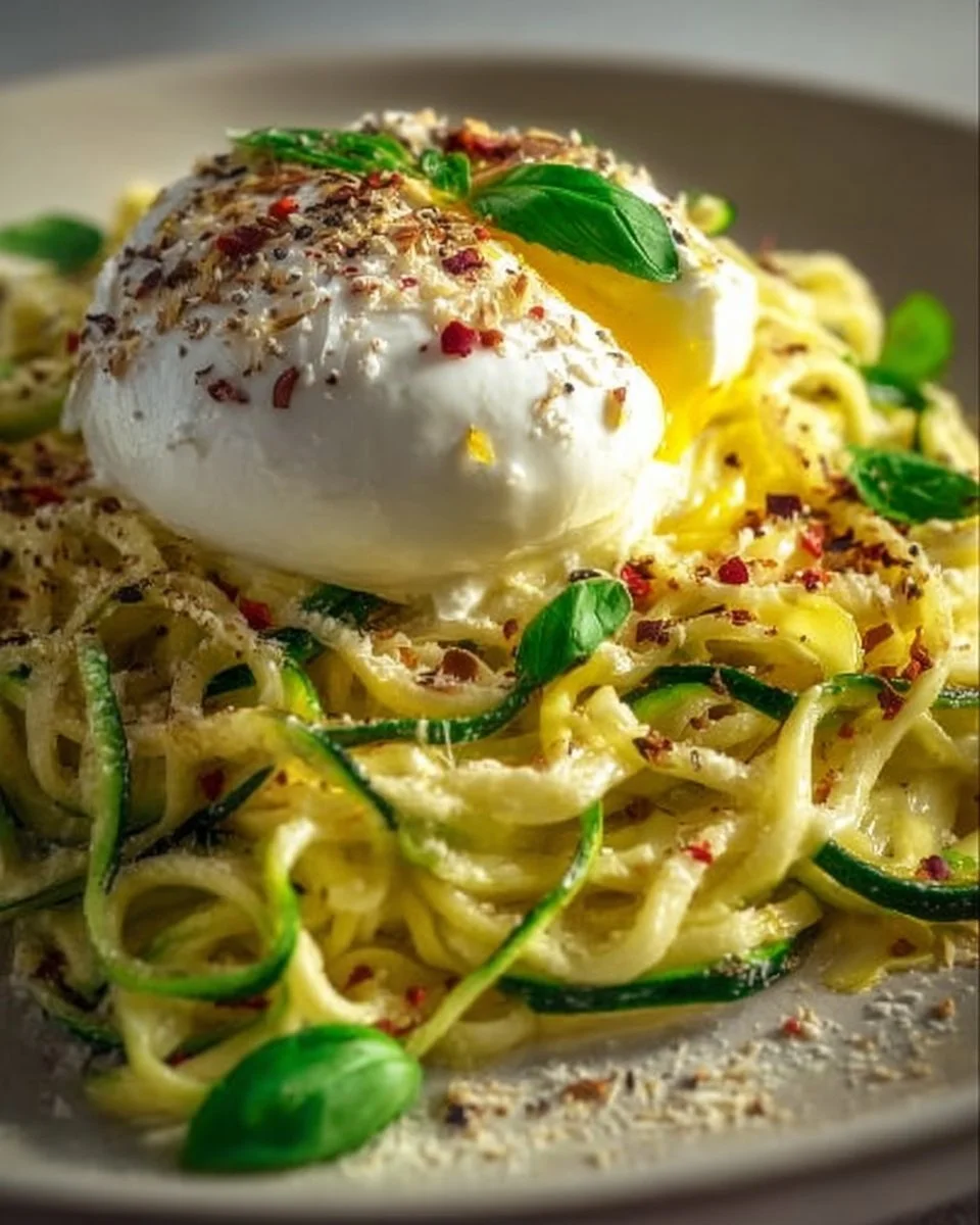 Zitronen-Zucchini-Pasta mit cremiger Burrata auf einem Teller angerichtet.