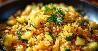 Zucchini-Reis-Pfanne mit frischem Gemüse und Kräutern angebaut