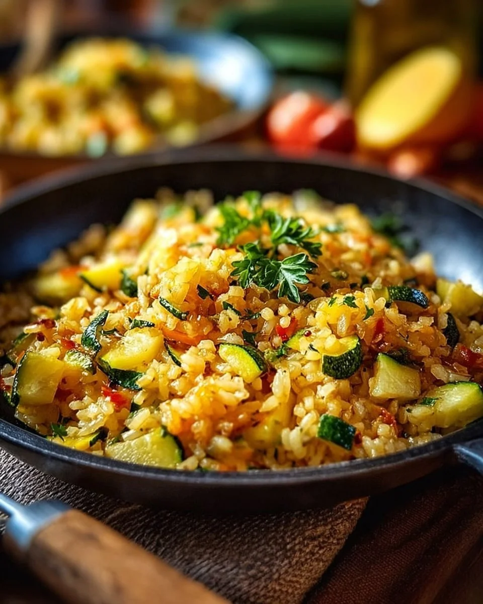 Zucchini-Reis-Pfanne mit frischem Gemüse und Kräutern angebaut