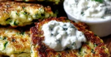 Zucchinipuffer mit Feta und Tzatziki auf einem Teller serviert
