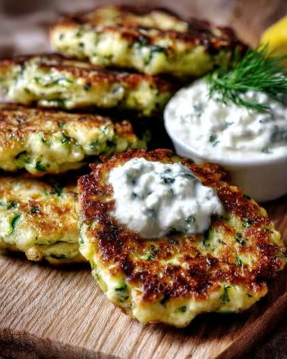 Zucchinipuffer mit Feta und Tzatziki auf einem Teller serviert