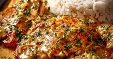 Zwiebel-Sahne-Hähnchen auf einem Teller serviert mit Beilagen